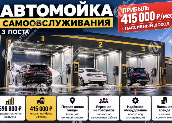 Автомойка с/о на 3 поста. Прибыль 415 000 ₽/мес Фото - 1